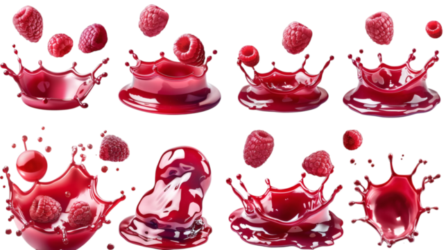 Set of red splashes of liquid, similar to red berry jam, juice or punch, isolated on white background