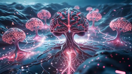 Obraz premium Brain Tree of Knowledge: A surreal digital art piece depicting a human brain as the central trunk of a luminous tree, surrounded by smaller brain-shaped trees glowing with pink and blue energy.