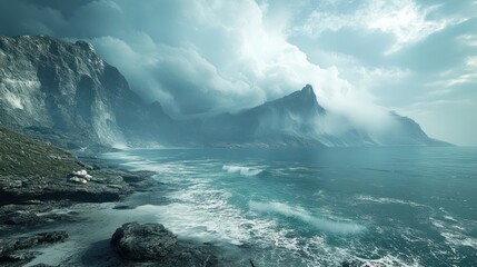 Naklejka premium Dramatic coastal mountainscape, stormy sea, overcast sky, game background