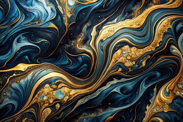 Obraz premium Abstract Marble Background: Black, Gold, & Blue Swirls