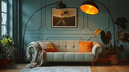 Cozy home interior with a sofa, cushions, and a floor lamp.
