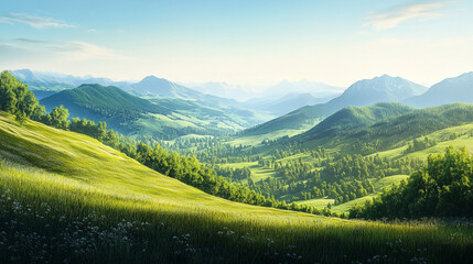 Obraz premium Serene Green Mountain Valley Landscape Scenic Nature Summer Sky View Hills Trees Sunny Field Grass 