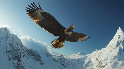 Obraz premium Majestic Eagle Soaring High Above Snowy Mountains Winter Landscape Wildlife Bird Flight Nature Sky 