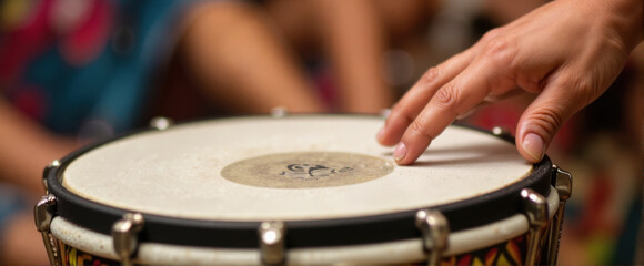 Hand playing a djembe drum during a music session