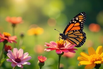 Fototapeta premium Vibrant monarch butterflies on blooming wildflowers, sunlit meadow , fauna, blossom, floral