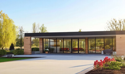 Fototapeta premium Modern architectural design of a house with large windows and landscaped surroundings