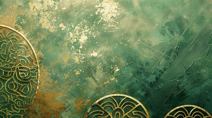 A luxurious abstract background featuring textured teal hues with elegant gold ornamental accents, blending artistic depth, vintage charm, and modern sophistication in a rich decorative composition.