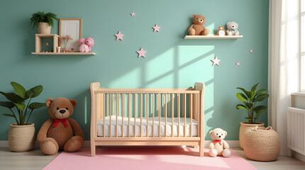 A cozy nursery with a wooden crib, soft toys, a pink rug and a turquoise wall with stars and shelves creating a magical atmosphere.