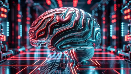 The Brain of the Future: A futuristic, 3D rendering of a metallic human brain pulsating with glowing red and blue circuits in a surreal tech-inspired environment.