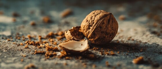 A cracked walnut lies on a textured surface, its shell broken open to reveal the nut inside, symbolizing nature's bounty.