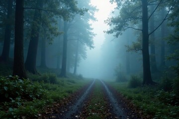 Fototapeta premium Fog creeps over the ground and shrouds a forest path, fog, atmosphere