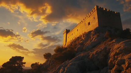 Fototapeta premium Majestic Hilltop Castle Golden Sunset Dramatic Sky Ancient Fortress Stone Structure View Rocks Scene