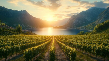 Fototapeta premium Sunset vineyard rows, lake, mountains, Italy, tourism