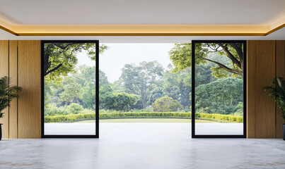 Modern interior opening to lush garden view in bright daylight