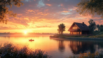 Fototapeta premium Lakeside cabin sunset fishing idyllic peaceful serenity