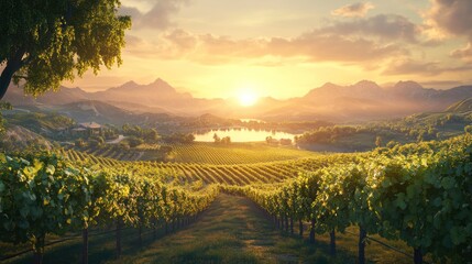 Naklejka premium Vineyard sunset landscape, idyllic lake, mountain backdrop, tourism