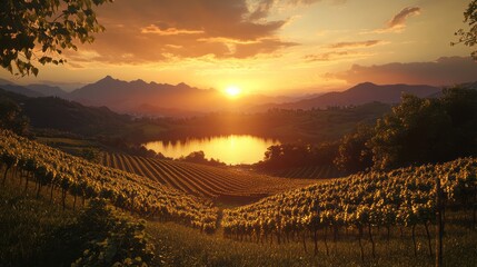 Fototapeta premium Vineyard sunset landscape, lake, mountains, idyllic, tourism