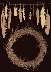A4 vector banner on theme of paganism, black magic and witchcraft with black bird crow feathers and wreath of dry branches and roots in a circle  in the folk shaman style and place for an inscription