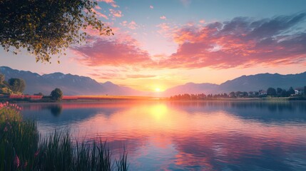 Obraz premium Sunrise over mountain lake, tranquil scene, idyllic landscape, travel poster