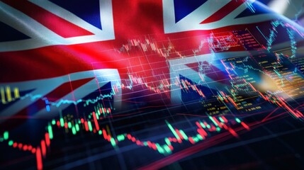 UK Financial Market Stock Market Data and British Flag Overlay