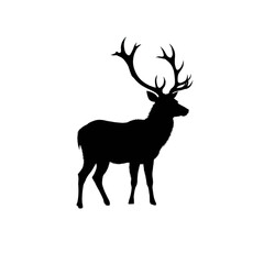 Black silhouette of a deer standing with a small bird and some plants on transparent background