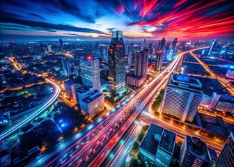 Abstract Red Blue Light Streaks Aerial Night Cityscape Background