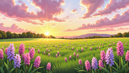 Fototapeta premium Vibrant hyacinth flowers blooming at sunrise, nature's beauty