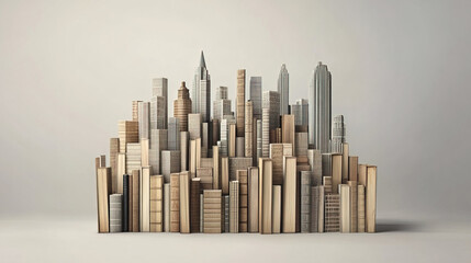 Creative cityscape made of stacked books representing a blend of literature and architecture in a minimalist style