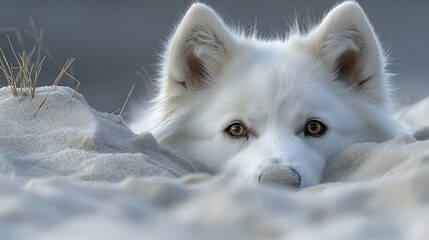 Naklejka premium samoyed digging in sand