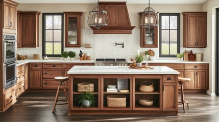 Modern farmhouse kitchen with wooden cabinetry, island, and quartz countertops.