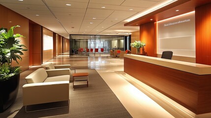 A sleek modern office space featuring minimalist furniture, clean lines, and bright lighting, ideal for content on modern workplaces, interior design, and professional business environments.