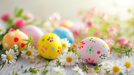 Fototapeta premium Colorful Easter eggs among spring flowers.
