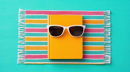 Bright yellow notebook with sunglasses on a colorful striped blanket, perfect for summer vibes and creative inspiration.