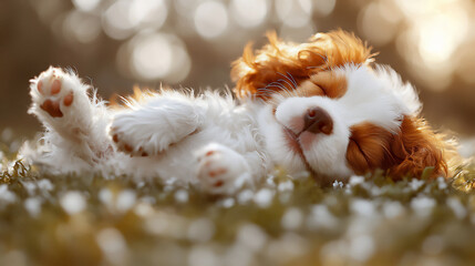Fototapeta premium cavalier king charles spaniel rolling in grass