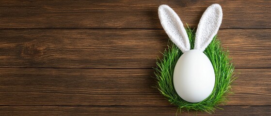 Fototapeta premium A whimsical white egg with bunny ears resting on green grass against a rustic wooden background, ideal for Easter themes.