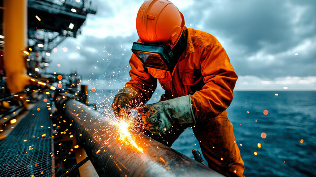 Skilled offshore maintenance engineer welding pipeline, sparks flying, focused safety and precision marine environment