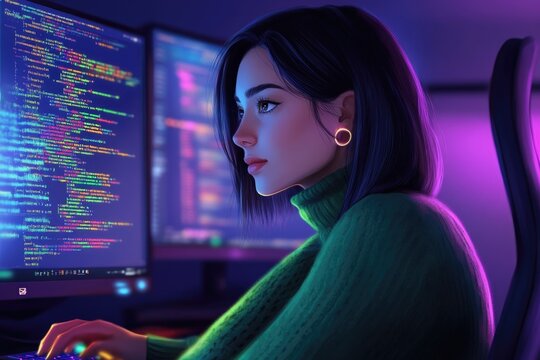 A young woman programmer intensely focused on code displayed on a computer screen in a dimly lit room. - Powered by Adobe