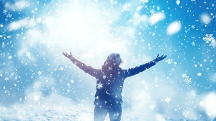 Woman enjoys snowy winter wonderland, arms outstretched, snowflakes falling, holiday card