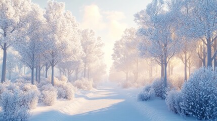 Naklejka premium Sunlit snowy path through winter forest, sunrise