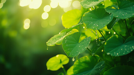 Vibrant Green Leaves with Morning Dew Drops