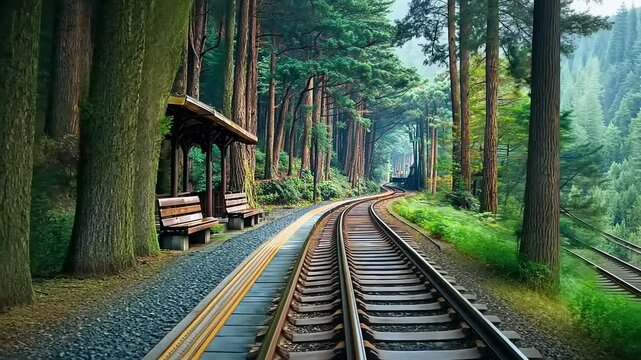 Train Tracks Winding Through a Lush Green Forest