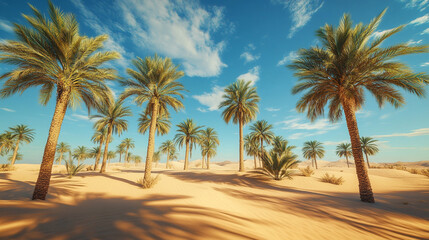 Palm Trees Oasis Desert Landscape Sunny Day Scenic View Sky Hot Sand Warm Heat Blue Dunes Clouds    