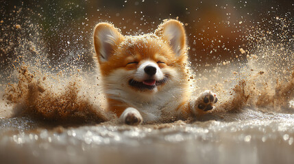 Obraz premium corgi rolling in sand