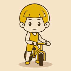 Chibi character of a kid playing with bicycle. retro colors