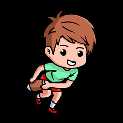 Boy rugby player holding a rugby ball in running pose, chibi character in black background