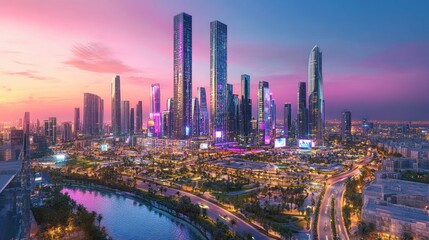 Fototapeta premium Modern City Skyline at Twilight with Vibrant Hues