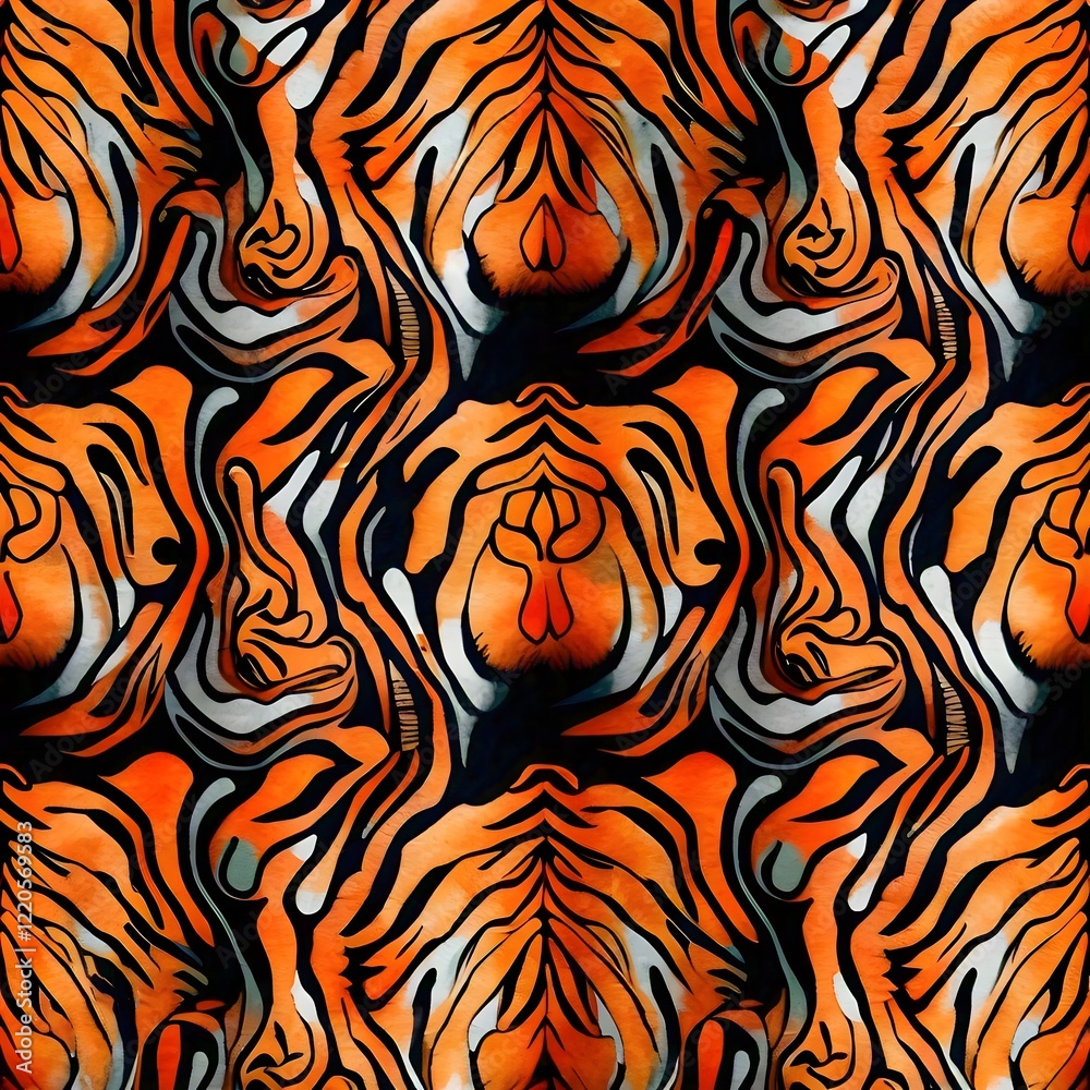 Wall mural psychedelic and abstract representation of a tiger's face with swirling patterns and vibrant colors