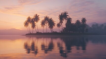 Fototapeta premium Tropical island sunset, calm water, misty mountains, serene landscape, travel brochure