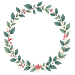 Fototapeta premium Green leafy wreath with pink flowers transparent background