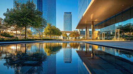 Cityscape reflection, tranquil pond, morning sun, modern building, urban park